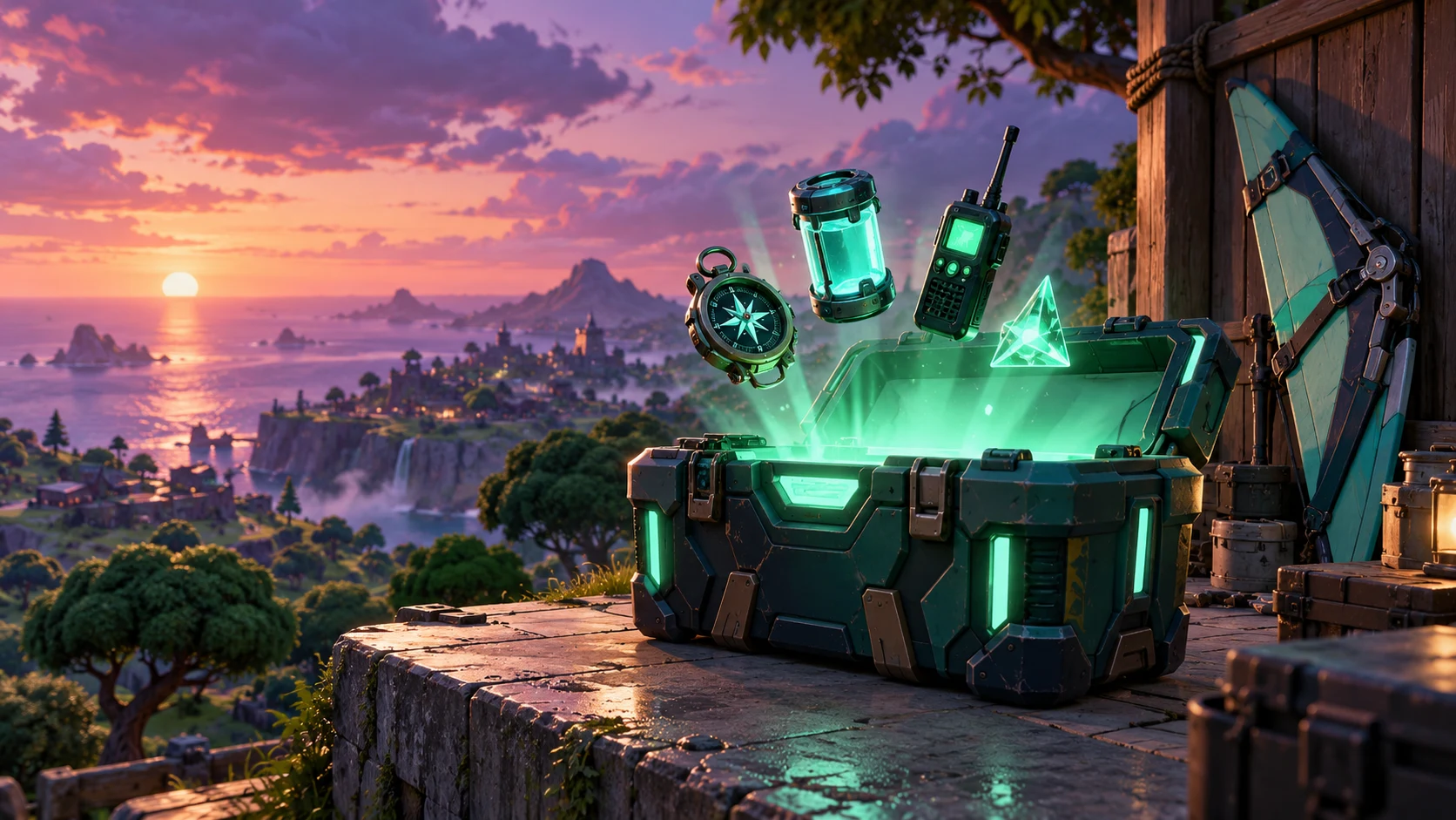 An open mint supply chest and equipment at the island outpost